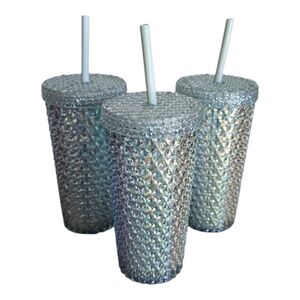 3 Mainstays Green Iridescent Sparkle Tumblers Cups With Straws